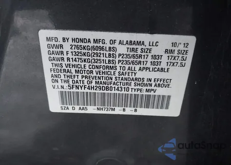 2013 Honda Pilot Lx from USA, damaged, VIN 5FNYF4H29DB014310